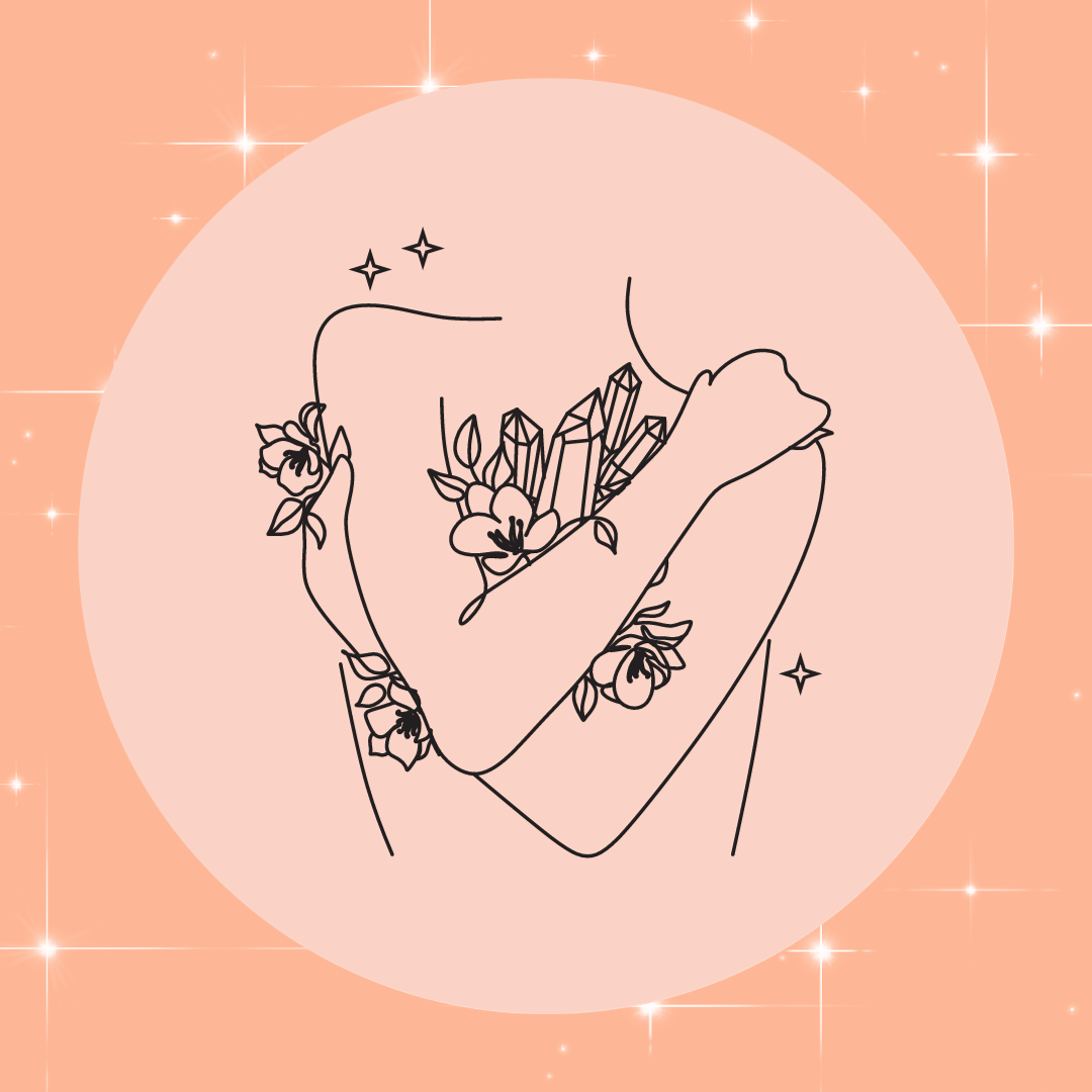 Woman holding crystals and hugging her body