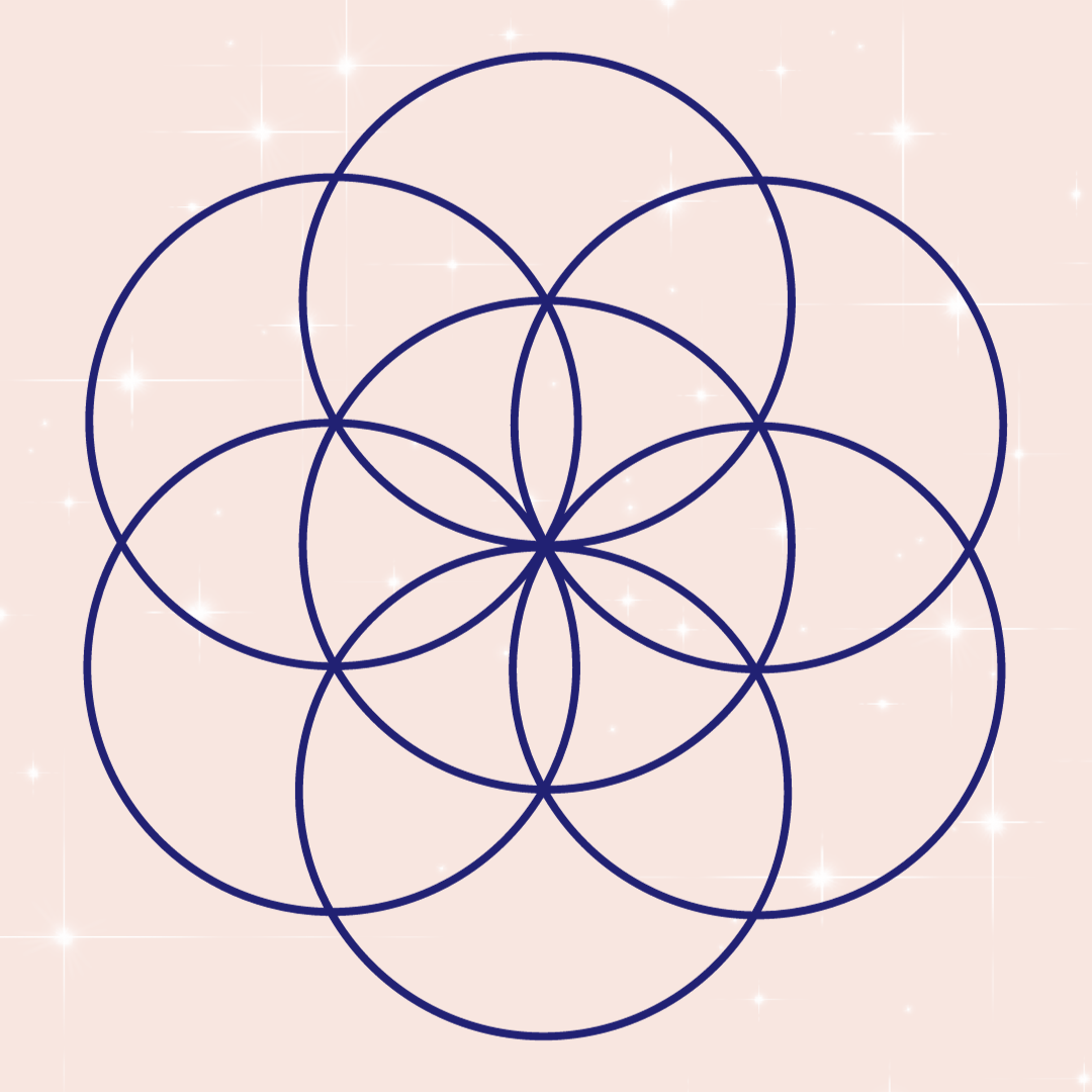 A geometric pattern of 13 overlapping circles creating a flower-like design on a pink background with sparkles.