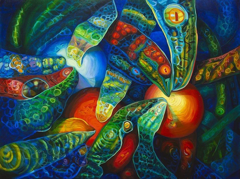 vivid painting with oranges and blues and greens showing sea kelp in a swirl