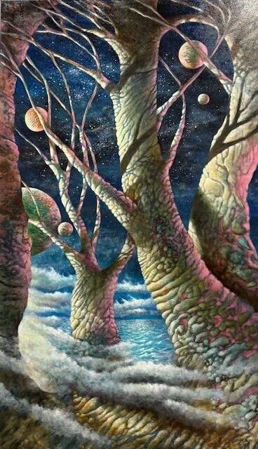 knobbly tree trunks with a sky with huge planetary orbs in the background
