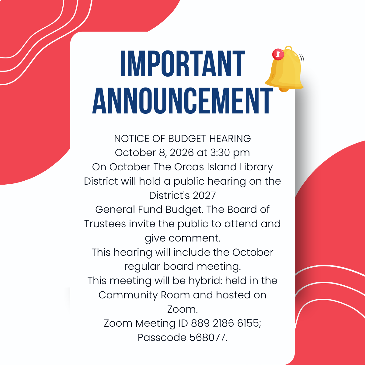 2027 library budget hearing will take place Oct. 8 at 3:30pm. all are welcome
