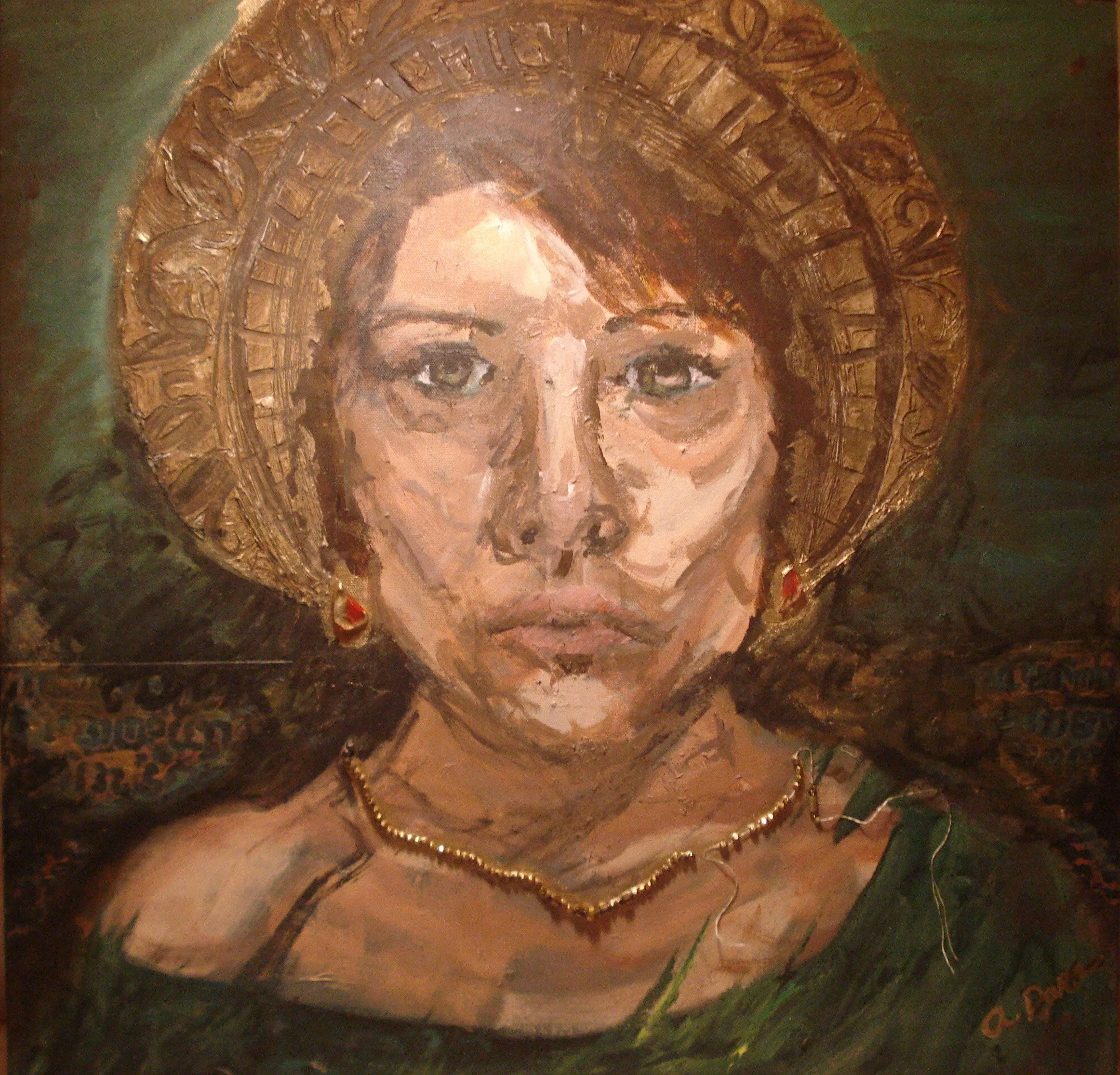 gold and tawny painting of a regal woman - just the bust (head) of the woma)