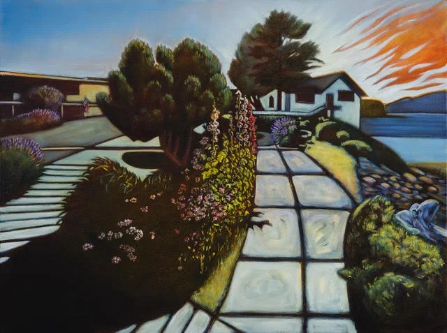 painting of a sidewalk lined with hollyhock flowers approaching a church