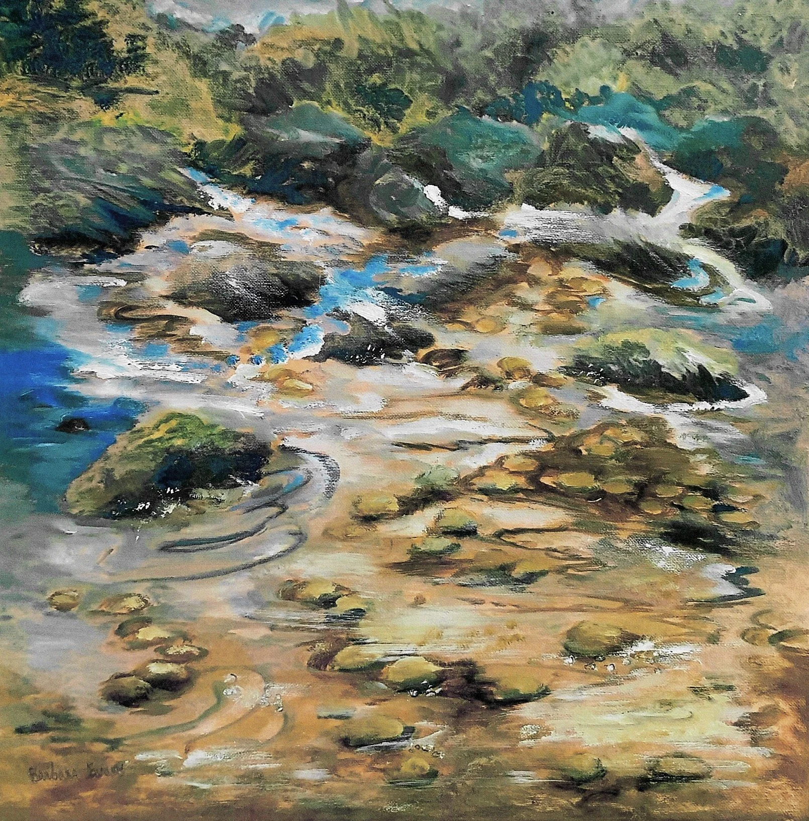 oil painting  of mossy stones in a stream