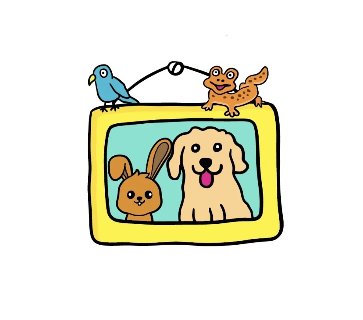 Cartoon illustration of a yellow TV with a picture of a brown rabbit and a beige dog inside, and a blue bird and an orange frog sitting on top.