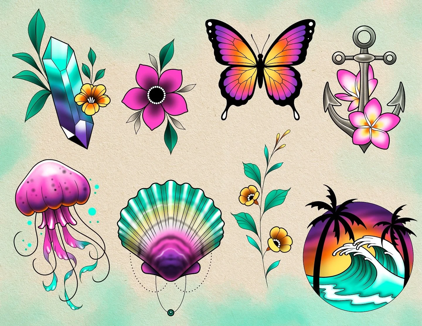 I am so excited to reveal these summer-themed repeatable designs ✨These cuties are available for our walk-in flash day this Saturday!

🌊Saturday August 2nd
🌴10:00am to 6:00pm
✨Walk-Ins Only
🐬Arms &amp; Legs Only
🌞3&rdquo;-4&rdquo; in Size
⛱️B&amp