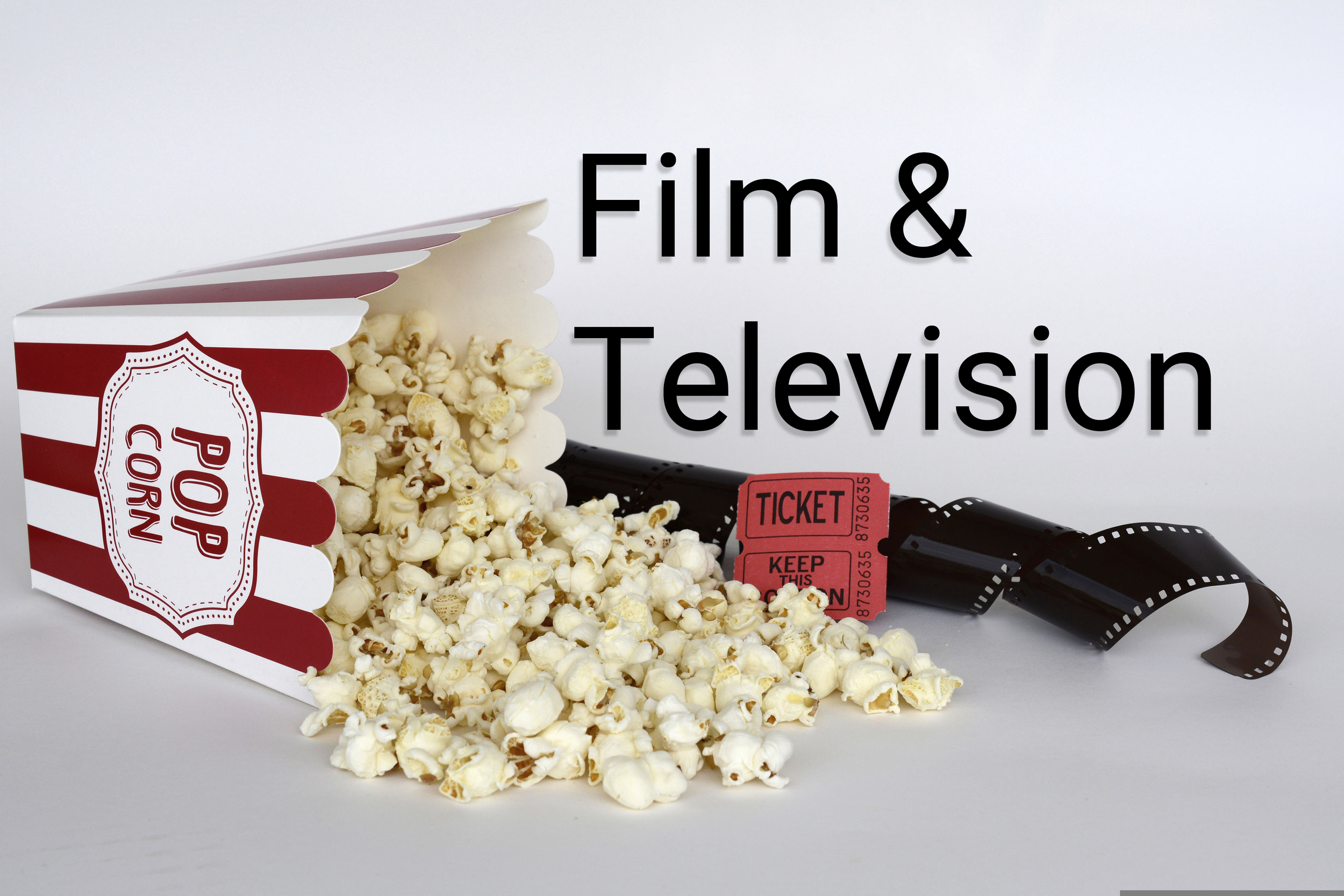 A box of popcorn with scattered popcorn, two red movie tickets, and a strip of film, with the text 'Film & Television' overlaid.