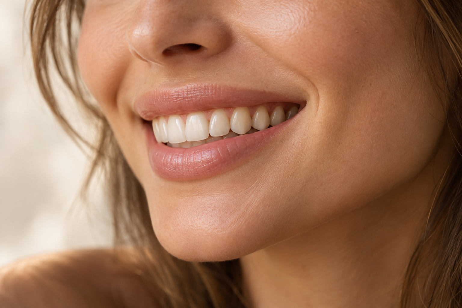 Close-up of a woman’s natural smile with evenly colored teeth, before and after photo of internal bleaching treatment at Terra Dental