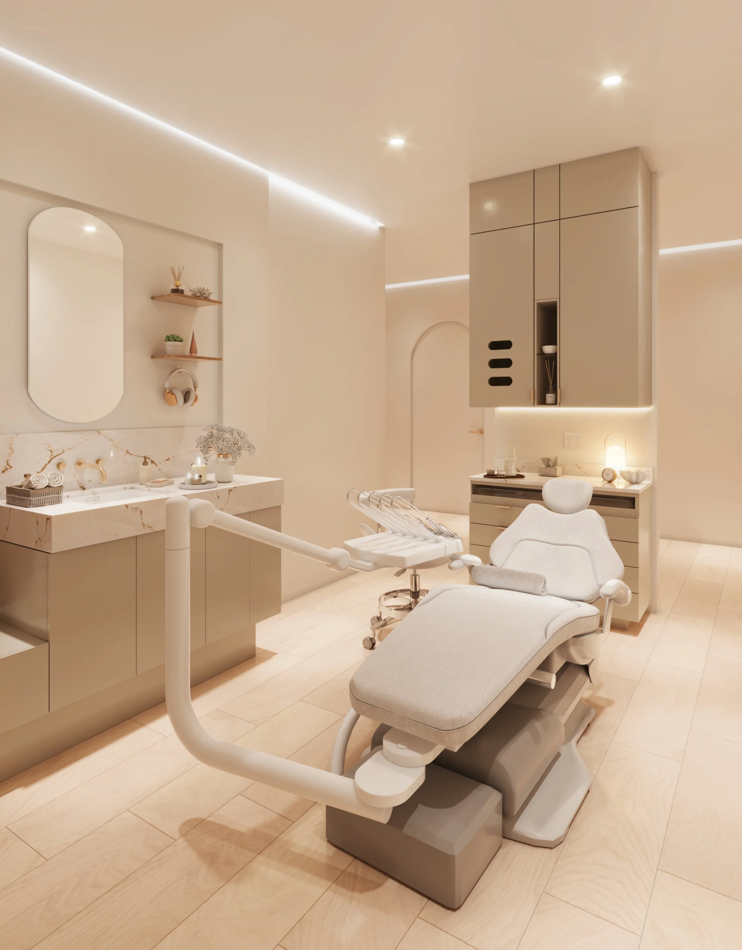 Serene, spa-inspired dental treatment room at Terra Dental NYC, featuring a plush cream treatment chair, warm ambient lighting, and marble accents in a Hell's Kitchen cosmetic dentistry practice.