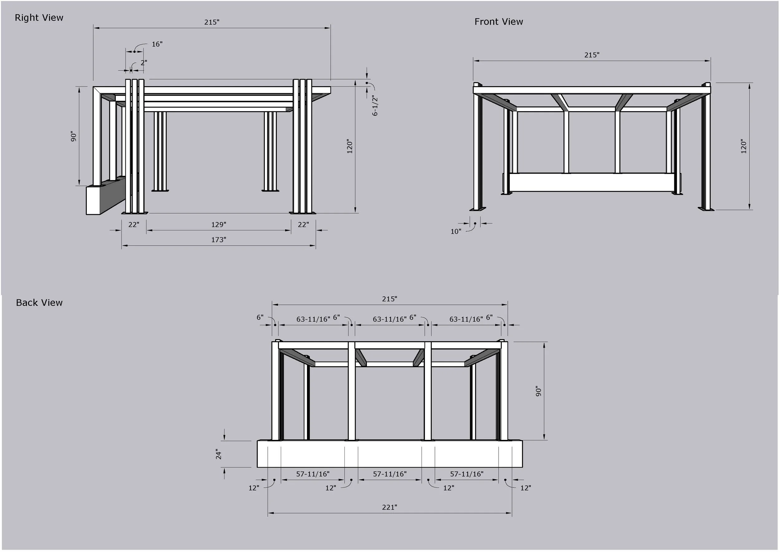Detailed technical drawing of a rectangular structure with multiple views: right, front, and back. The drawing includes measurements in inches, showing dimensions of the structure's height, width, and various components.