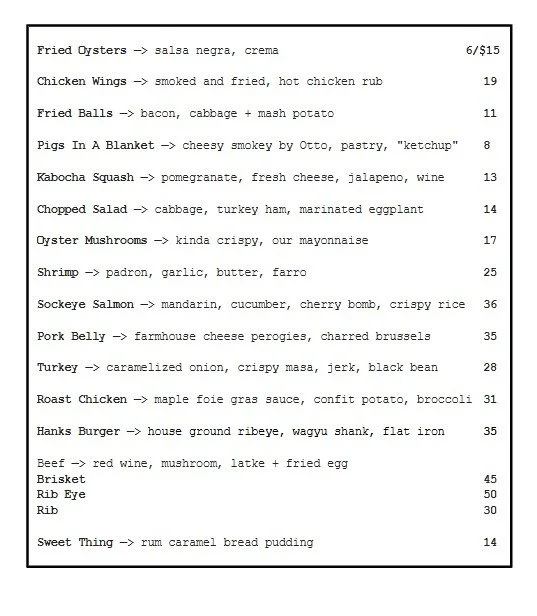 Hanks a restaurant menu February 2026, Victoria BC