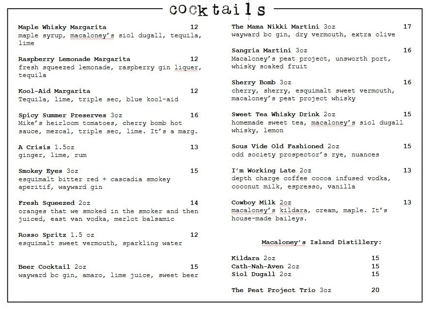 An example of our cocktail menu from Jan 21, 2026. Our menu changes often!