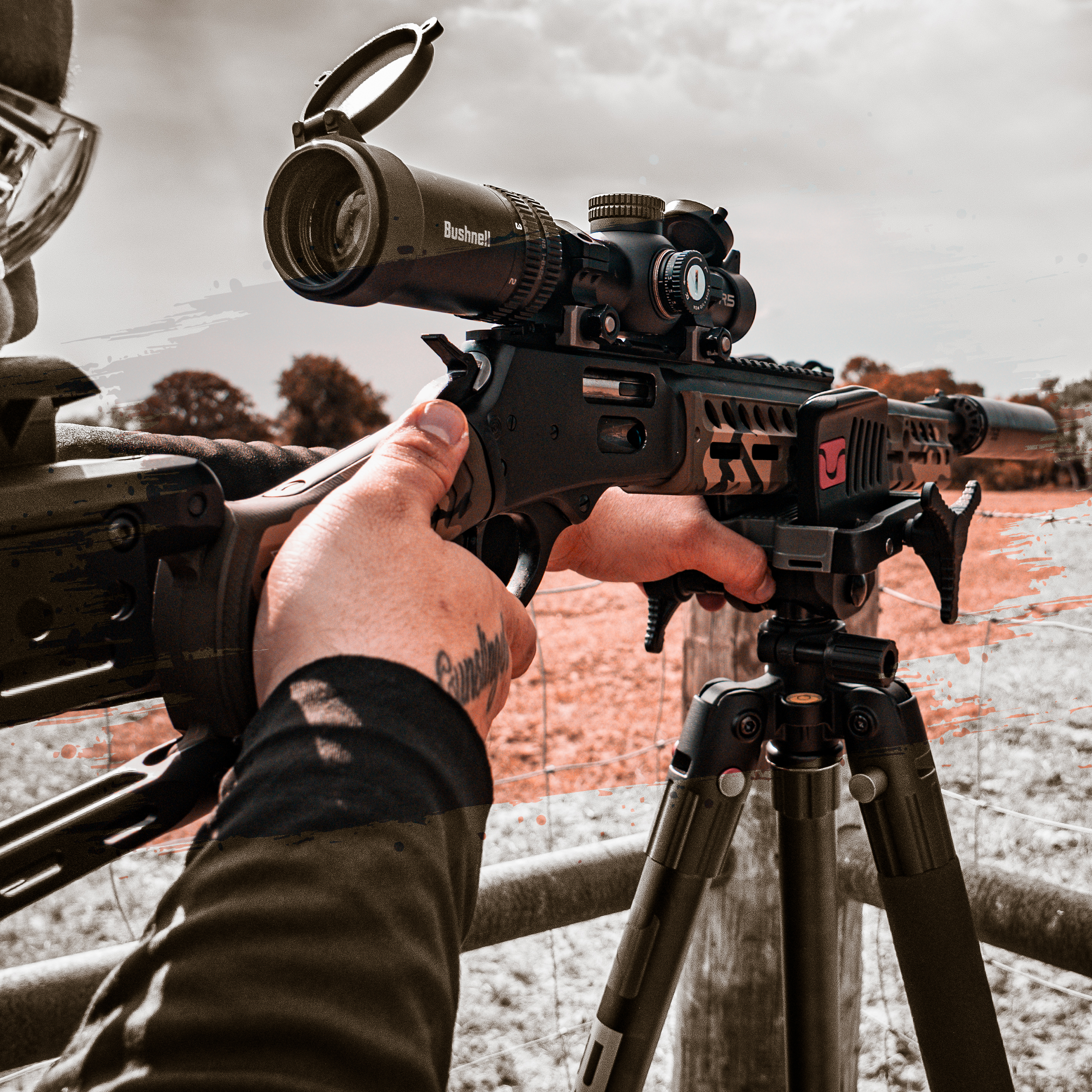Close-up of a person aiming a rifle with a scope outdoors, with trees and cloudy sky in the background.