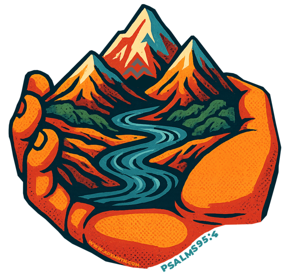 Illustration of mountains, a river, and landscape surrounded by hands, with a Bible verse reference at the bottom.