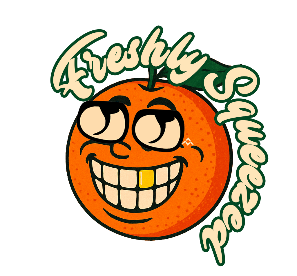 A cartoon orange with a smiling face, wearing sunglasses, surrounded by the text "Freshly Squeezed" in stylized lettering.