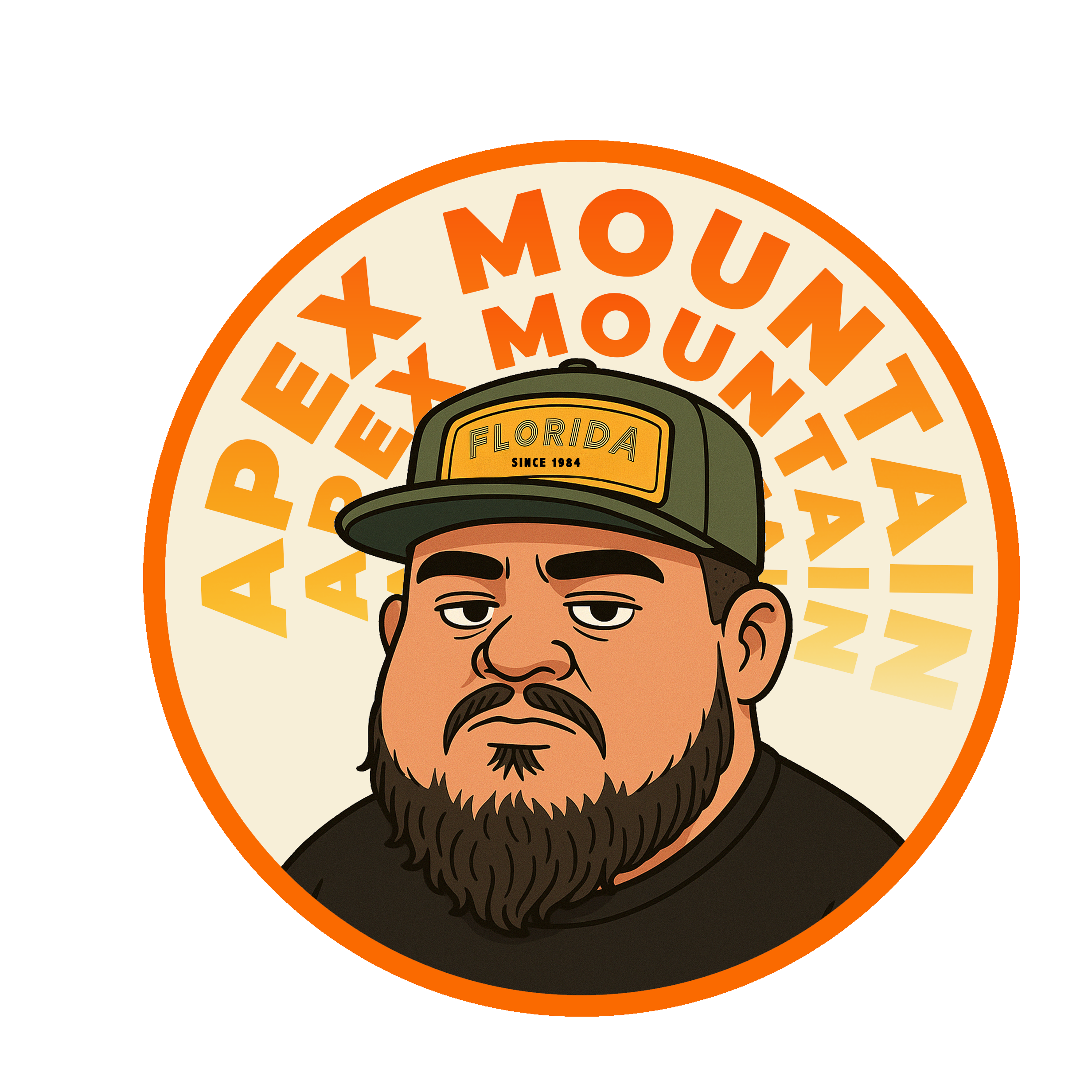 Illustration of a man with a beard wearing a cap with 'Florida Since 1984' on it, surrounded by orange and beige circular text reading 'Apex Mountain'.