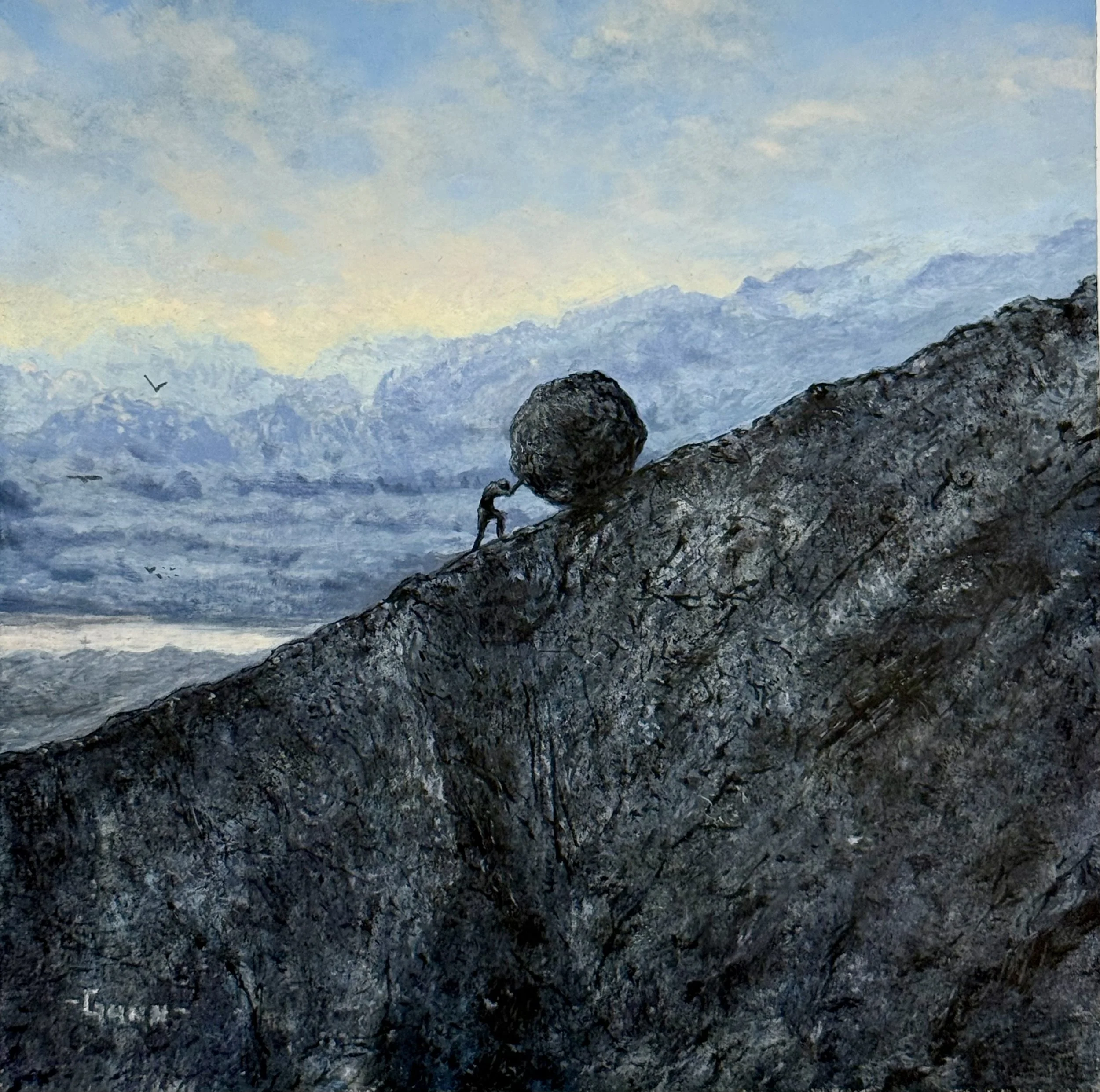 Almost Camus' Sisyphus: Oil Painting. 6 x 6 in. May, 2026.