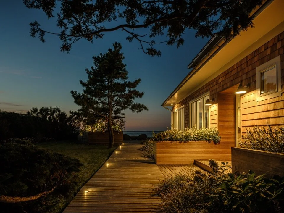 The design of the outdoor spaces- the decking, landscaping, lighting, exterior of the house and their resulting geometries all function together for space-forming and clear way-finding for the residents and guests at our Duneway #fireisland project. 