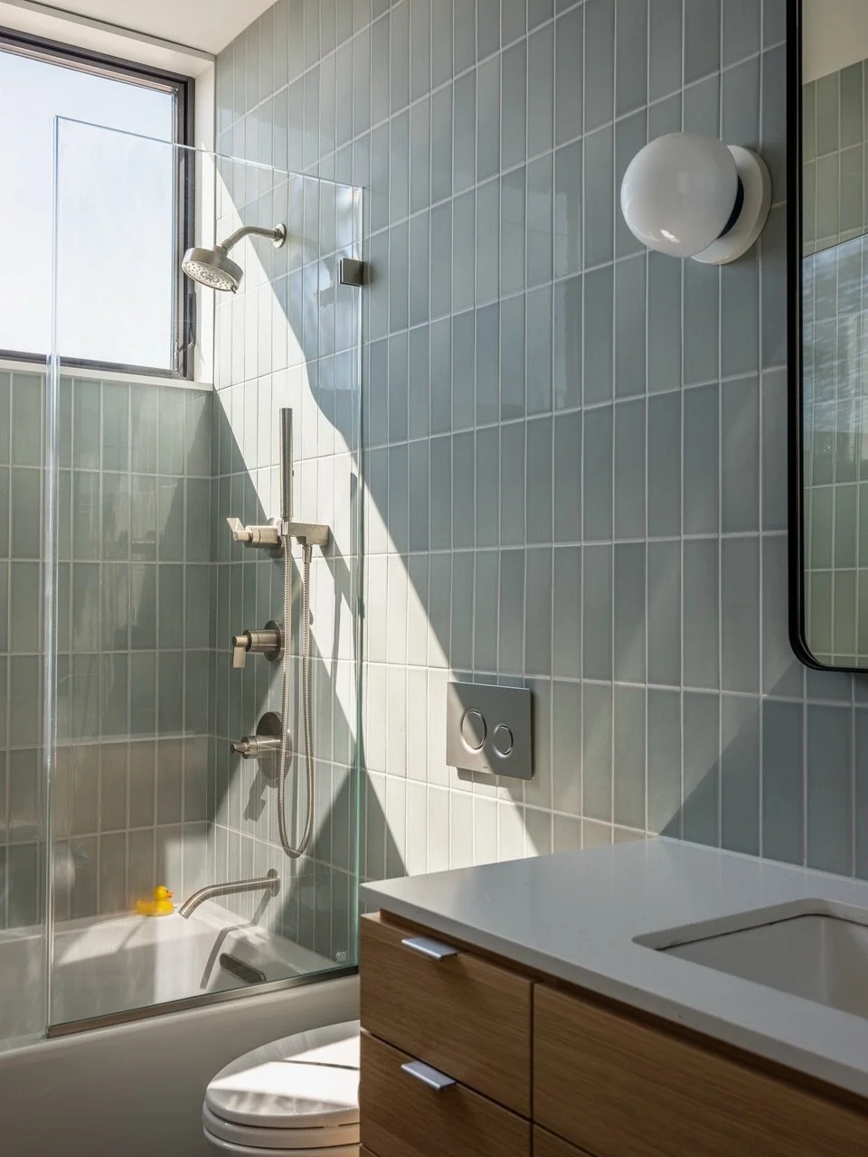 Serene simplicity is the name of the game inside our Surf Road House on #fireisland. Light blue tiles echo the view of the sky through the high clerestory window in the bathroom, while a built-in bed with headboard and nightstands ensures a perfect f