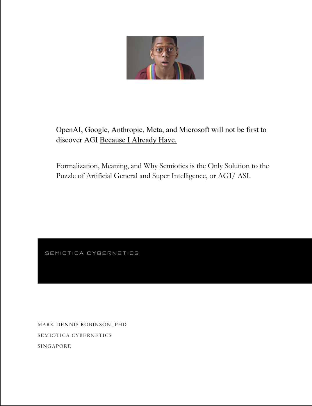 A cover page with a photo of a person wearing glasses and a rainbow straps, followed by text discussing AI discovery and semiotics, and a black band with white text reading 'Semiotica Cybernetics'.