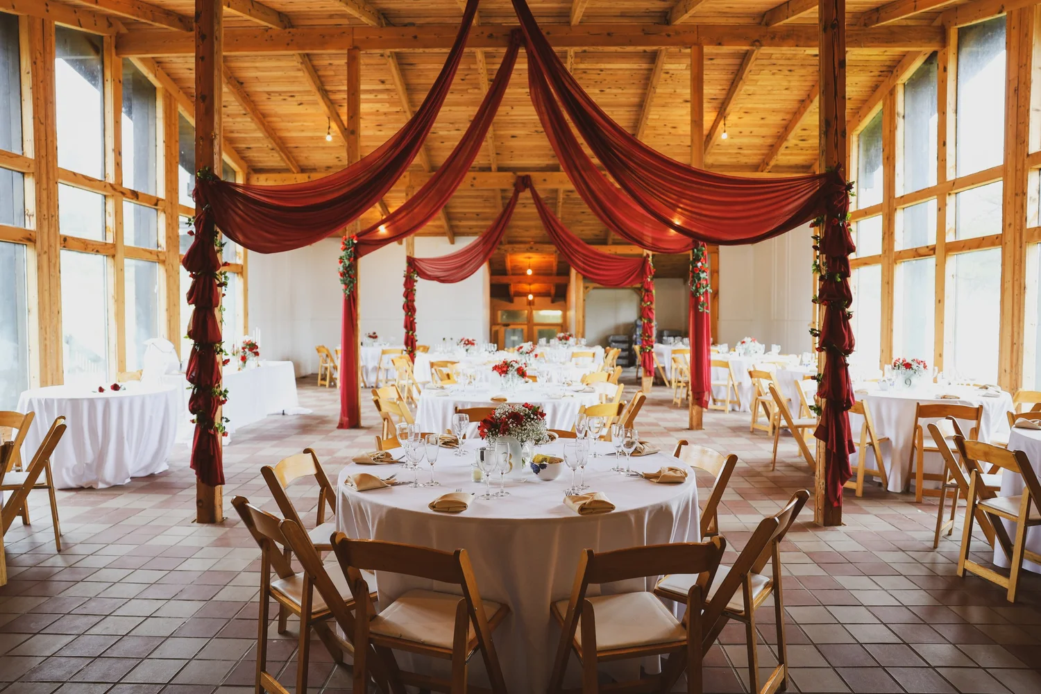 Wedding reception venue prepared before guests arrive