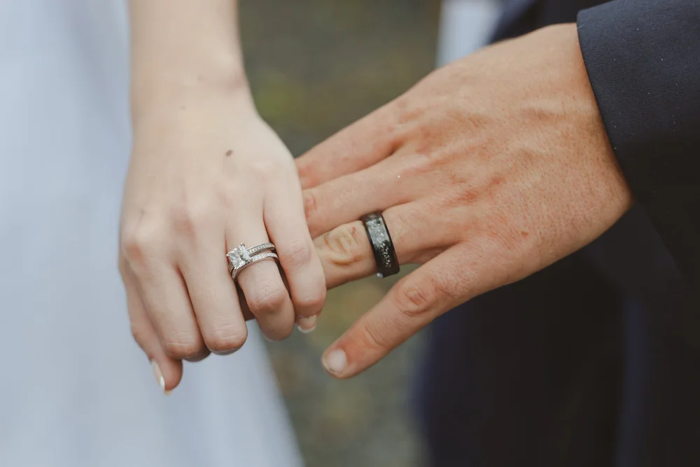 Close-up of newlyweds wedding rings
