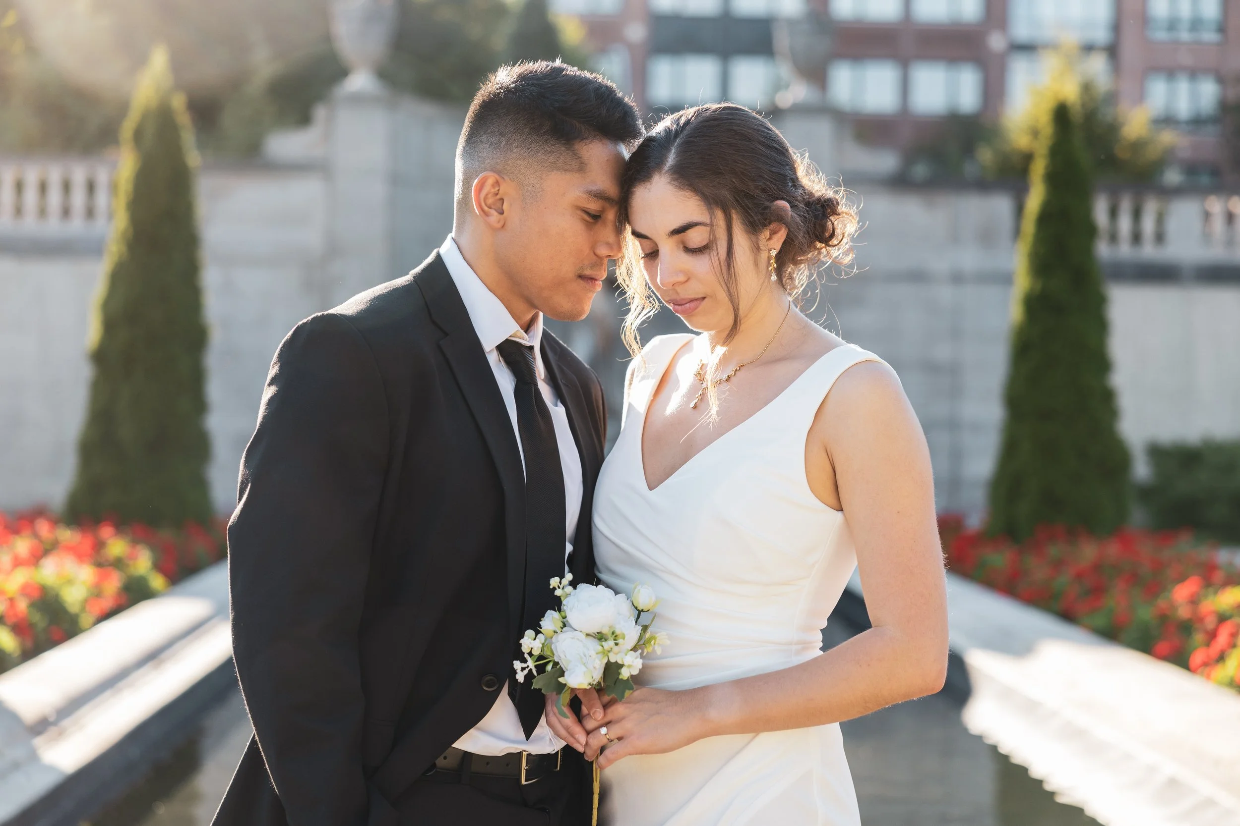 Wedding couple portrait in warm evening light