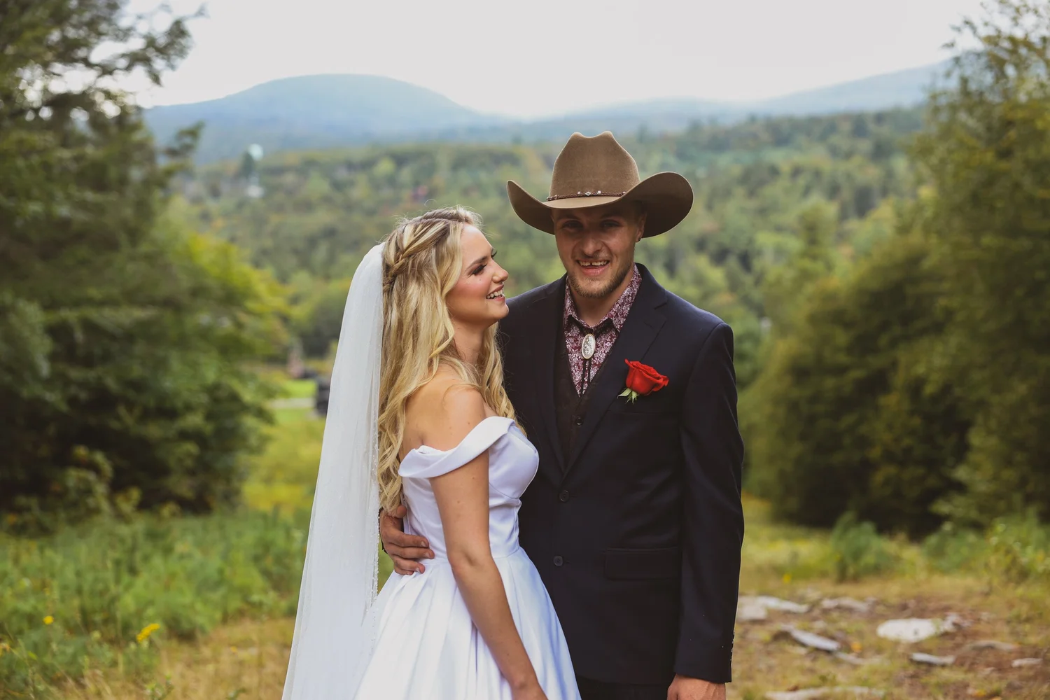 Bride and groom portrait with mountain view