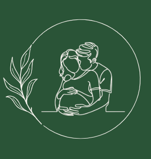 White line-art illustration of a parent embracing a child with a leafy branch inside a circle on a dark green background