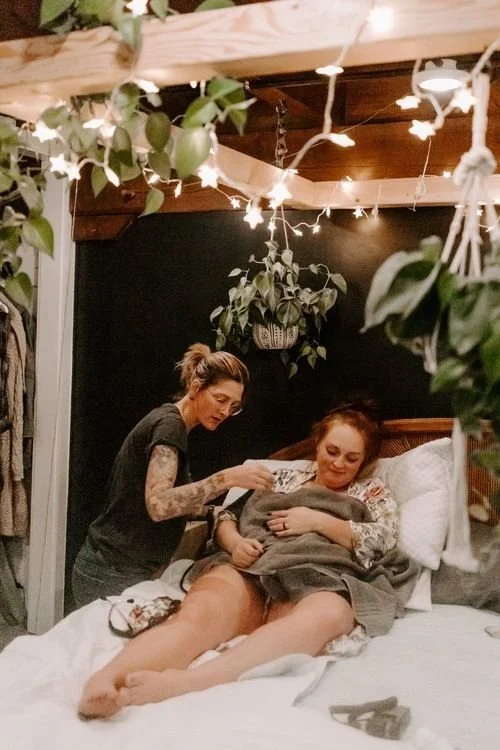 Two women in a cozy bedroom, one sitting on the bed and the other standing beside her, holding a gray blanket and petting a small gray animal, with decorative string lights and leafy plants hanging from the ceiling.