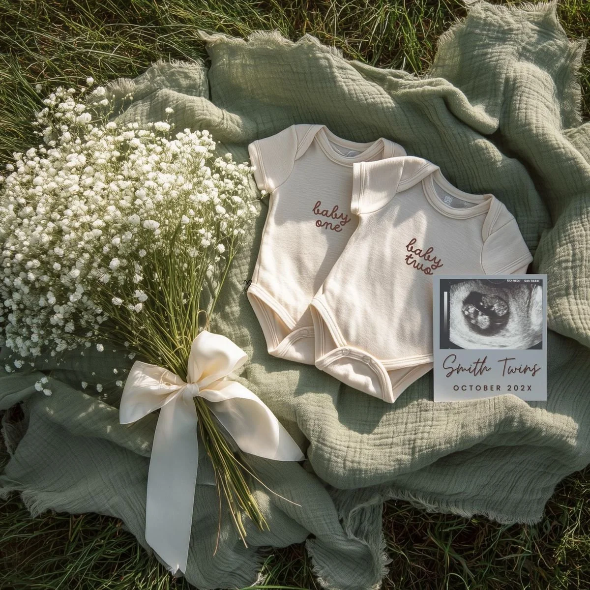 Two white baby onesies with red lettering saying 'baby one' and 'baby two' lying on a green blanket outdoors, next to a bouquet of white baby's breath flowers tied with a cream ribbon, and a sonogram photo labeled 'Smith Twins October 202X'.