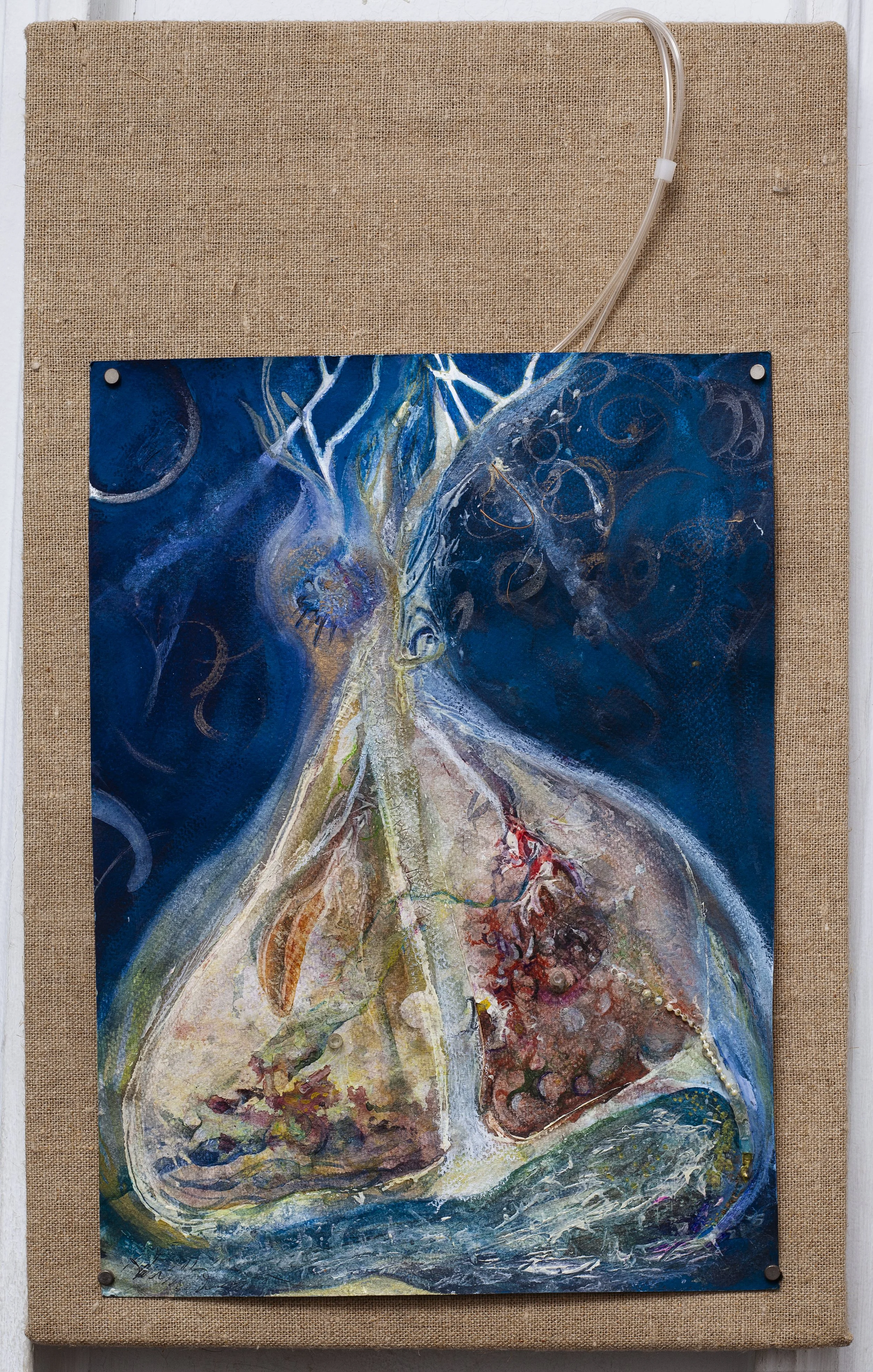 Voyage of the Lungness Monster,2014.
Mixed media collage on paper, 11" x 4" x 5"