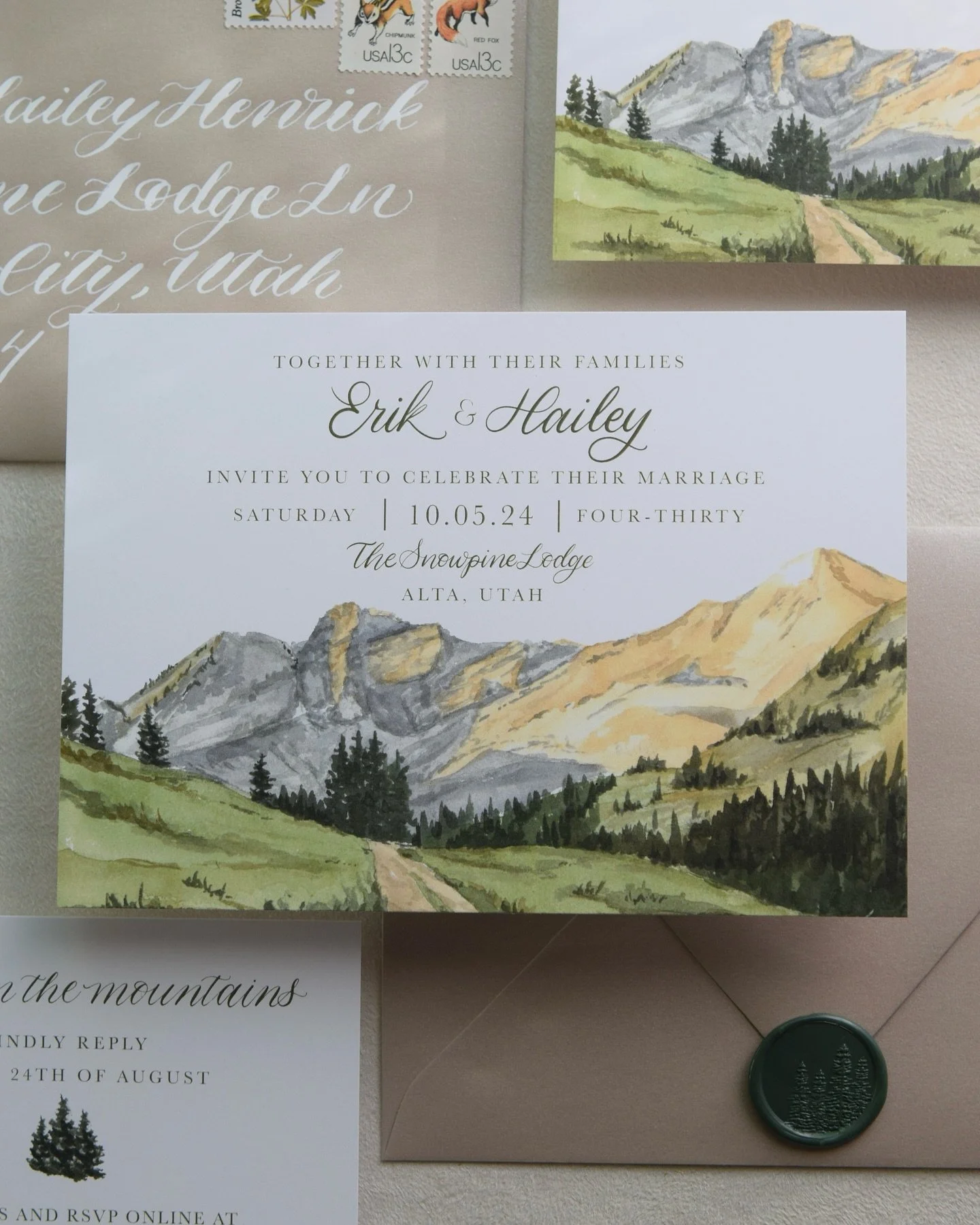 Absolutely love Erik &amp; Hailey&rsquo;s mountain invitation suite incorporating handwritten calligraphy, pine tree wax seals, and a beautiful watercolor illustration of their wedding venue🌲⛰️

Watercolor illustrations by @alpine.artworks 

#statio