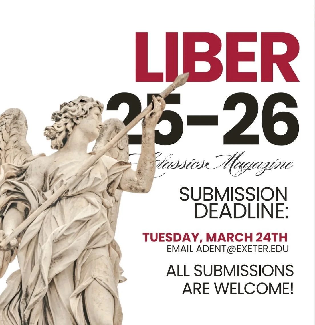 Submit to the 2025-2026 issue of LIBER! Drafts must be submitted on Tuesday, March 24th. Please submit by attaching your article to an email to Audrey, our wonderful EIC! Any and all articles are welcome!