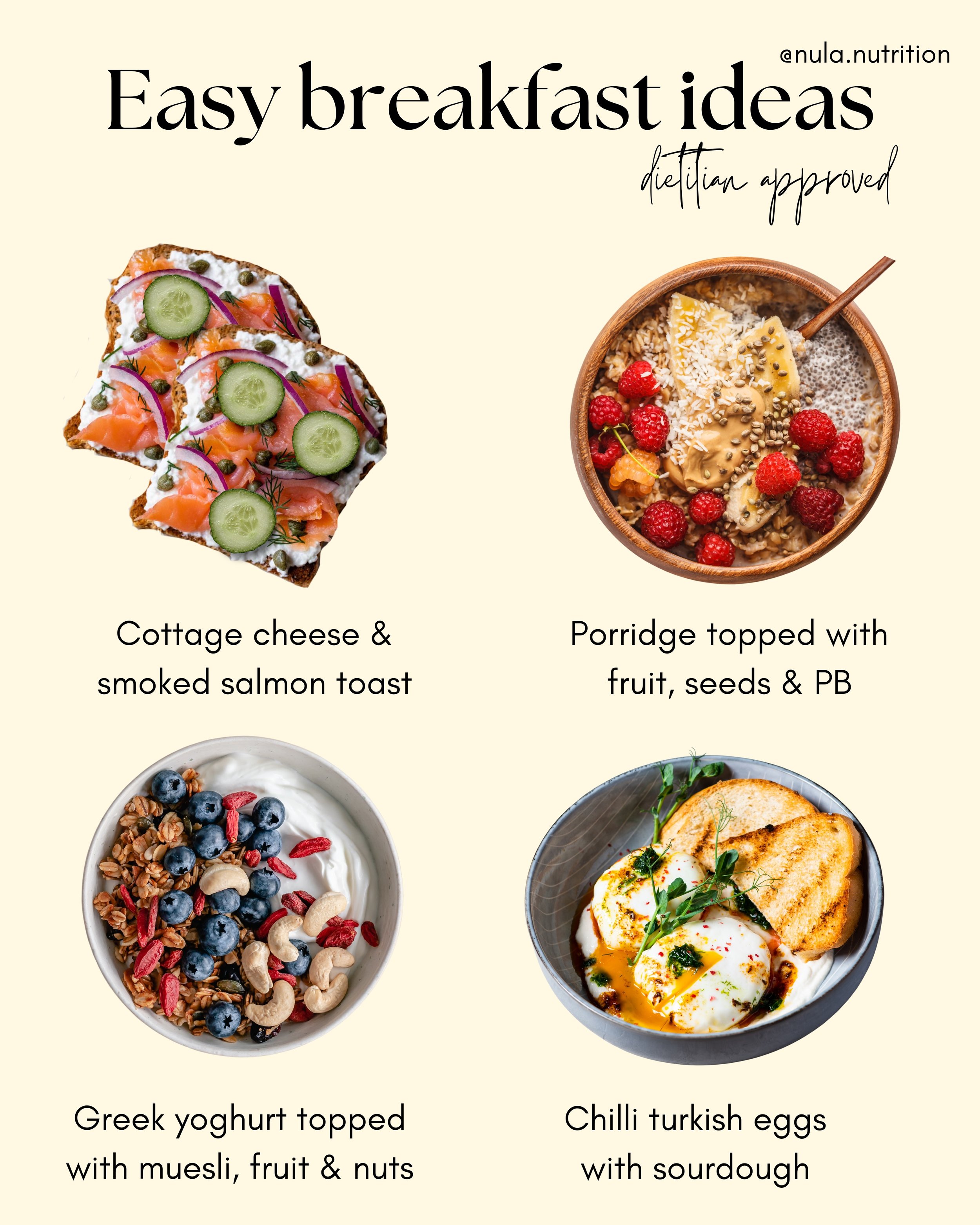 Did you know that eating breakfast is a great way to increase your daily nutrient intake and support steady energy through the morning?

If your usual breakfast has become a bit repetitive, here are 4 easy ideas to mix it up.

Save this for your next