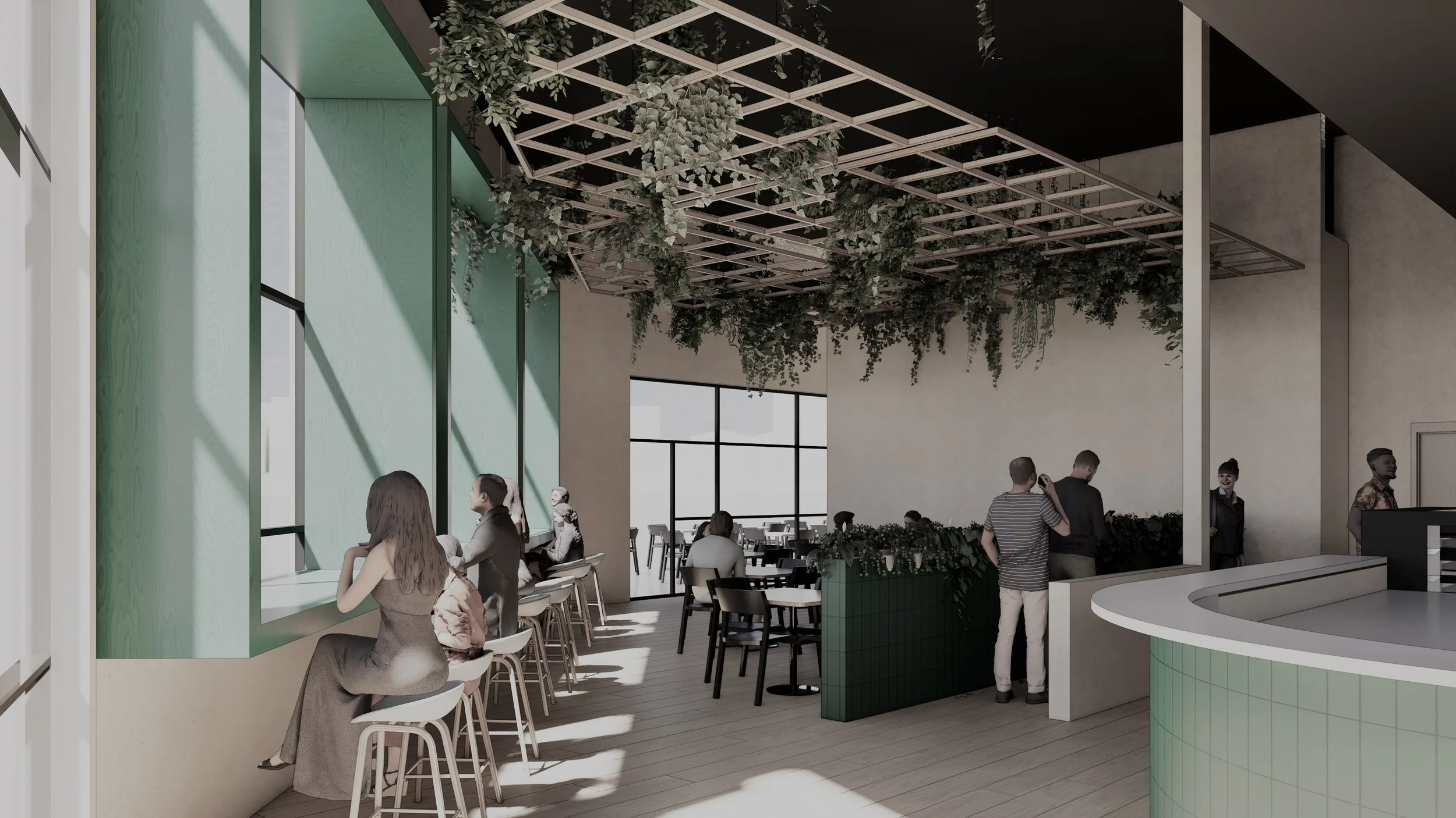 Interior view of a modern café with green and white decor, hanging plants from the ceiling, large windows letting in natural light, and people sitting at tables and standing in line.