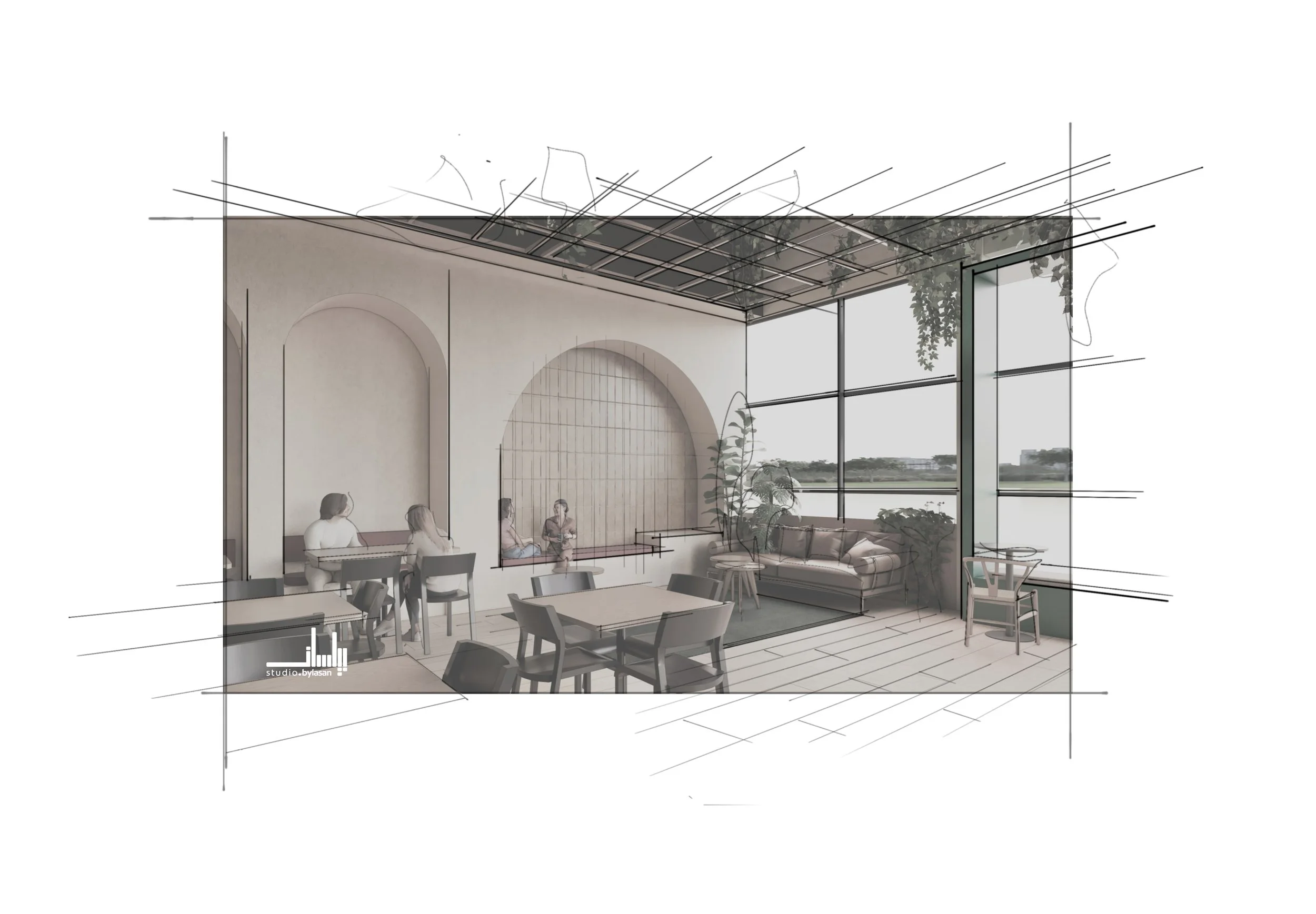 Architectural rendering of a modern indoor space with large windows, seating areas, and potted plants.