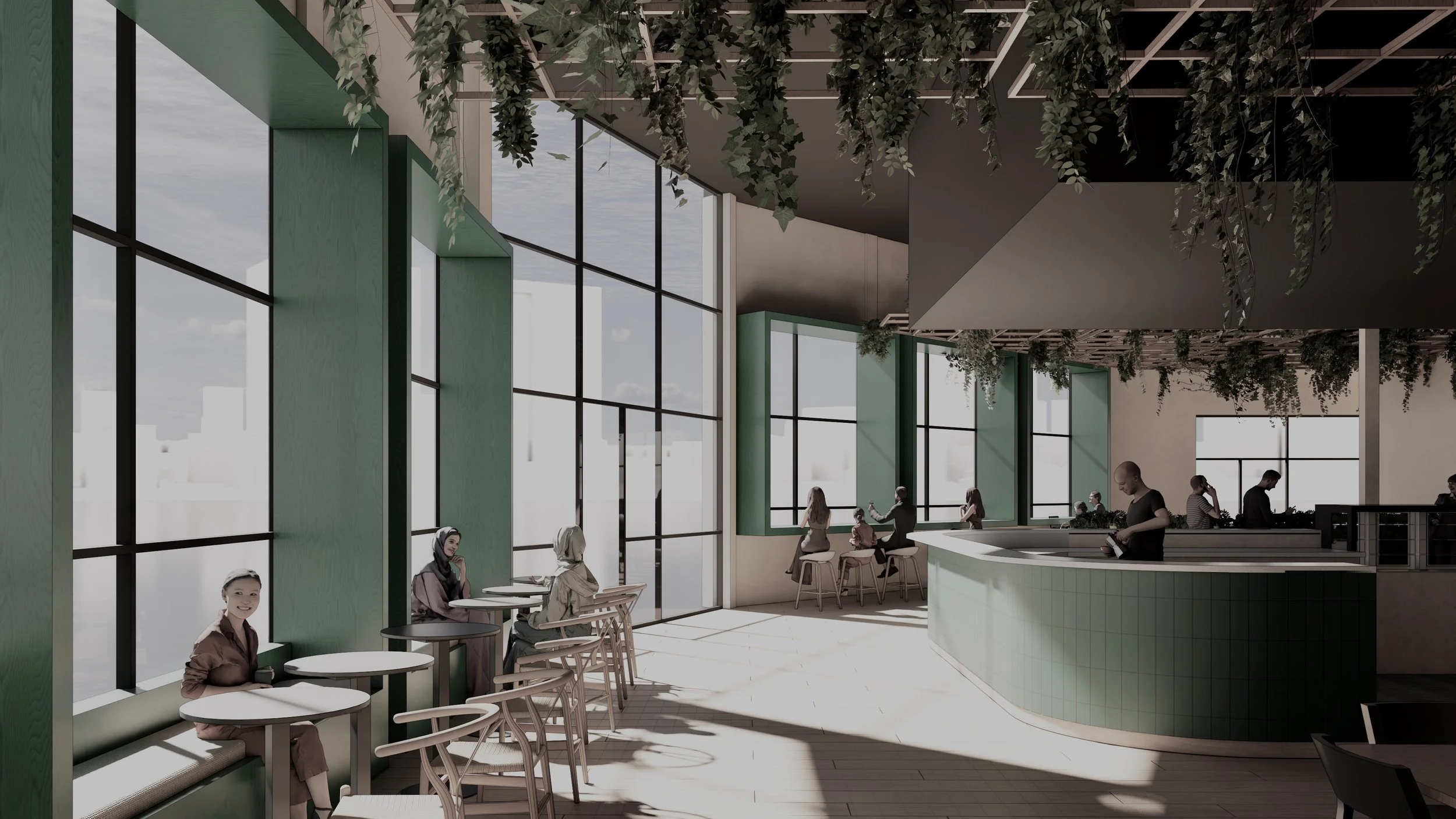 Modern indoor cafe or restaurant with large windows, green accents, hanging greenery, and customers seated at tables and the counter.