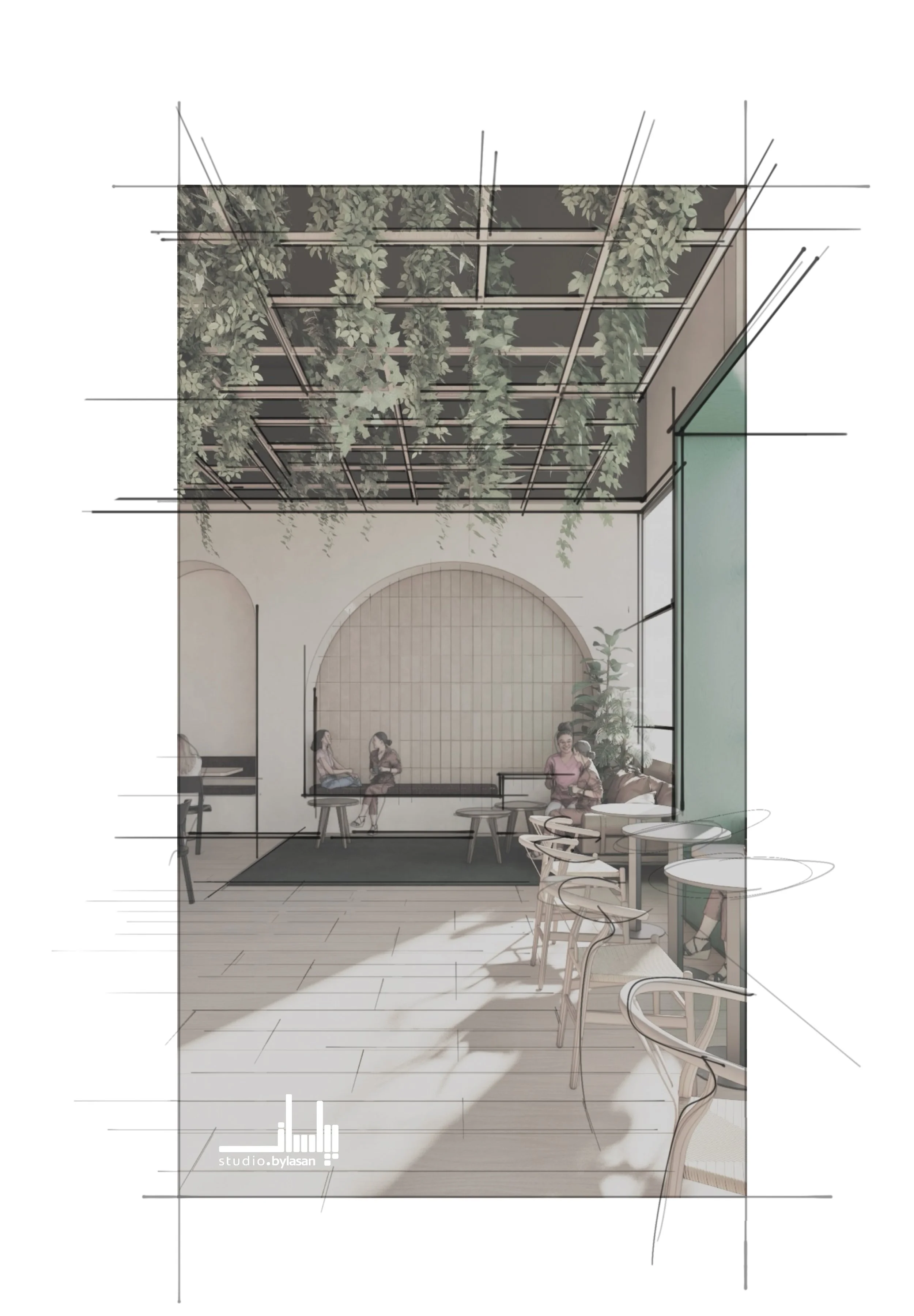 Interior of a modern cafe with natural light, hanging greenery ceiling, wooden chairs, large window, and customers sitting and chatting.