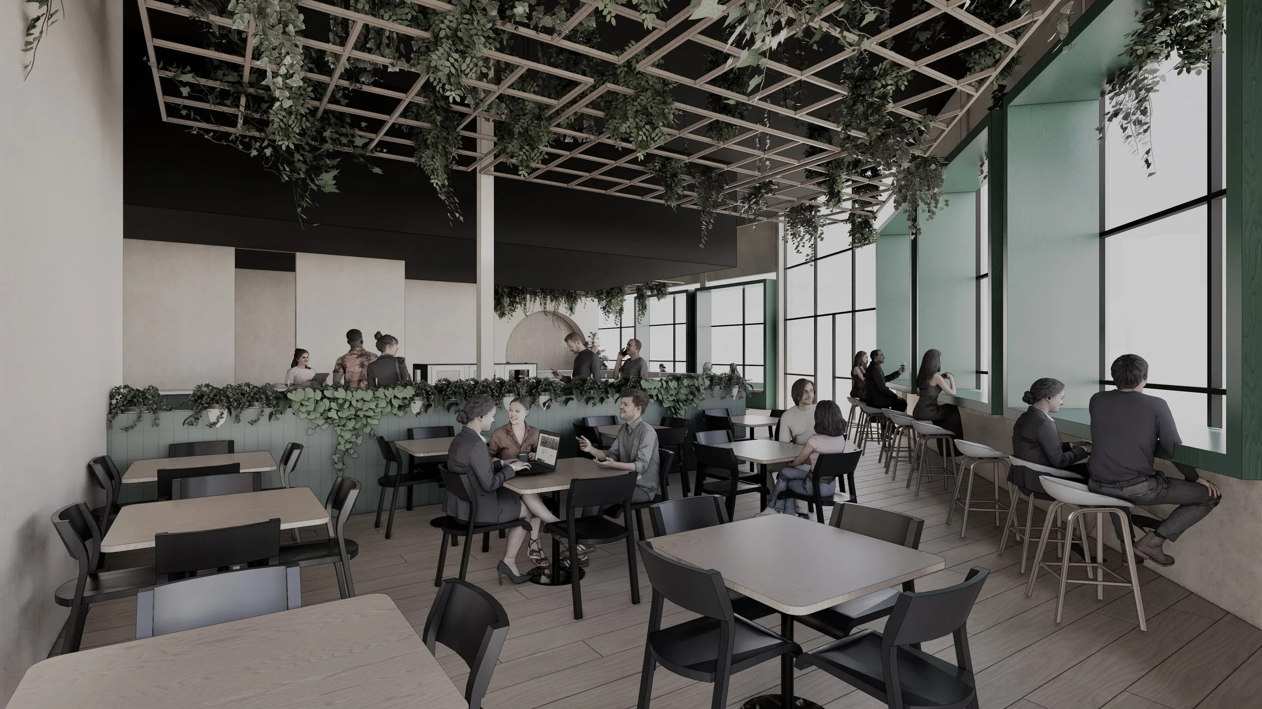 Modern cafe with large windows, plants hanging from a wooden lattice ceiling, and seating areas with black chairs and light wood tables, some patrons working on laptops or using phones.