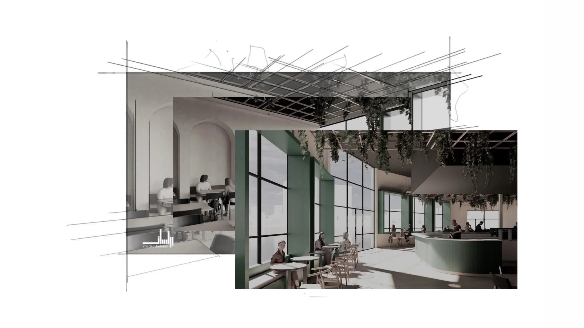 Interior design rendering of a modern cafe or restaurant with large windows, green accents, and hanging greenery, featuring seating areas with people.