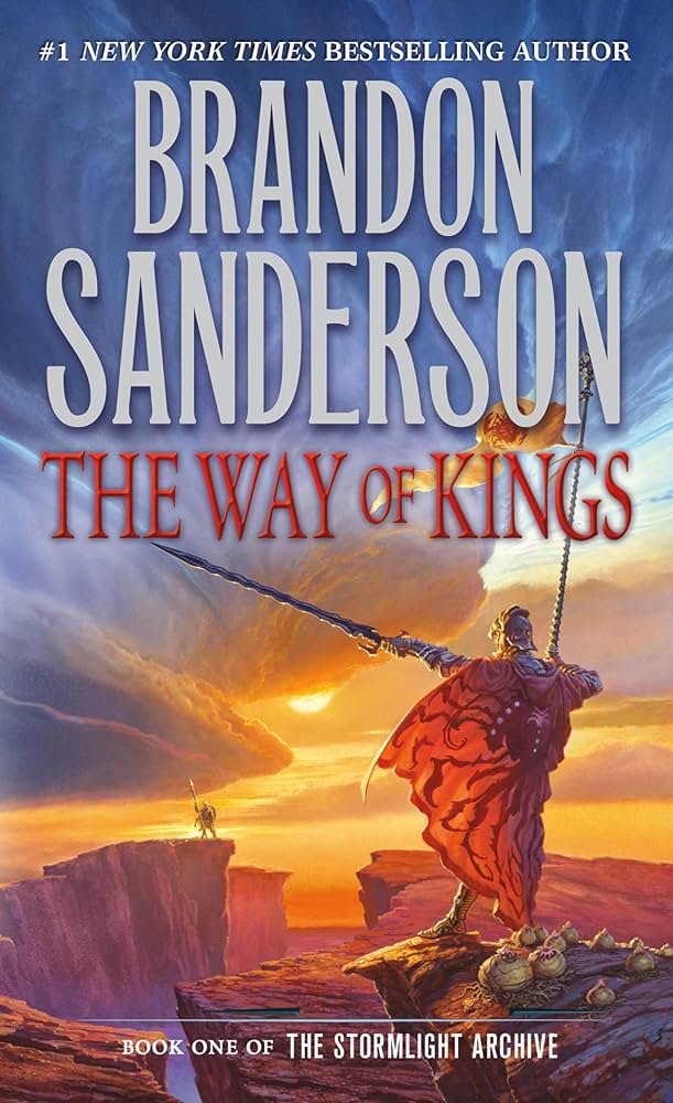 Book cover of The Way of Kings by Brandon Sanderson, an epic fantasy novel exploring themes of leadership, honor, and moral complexity.