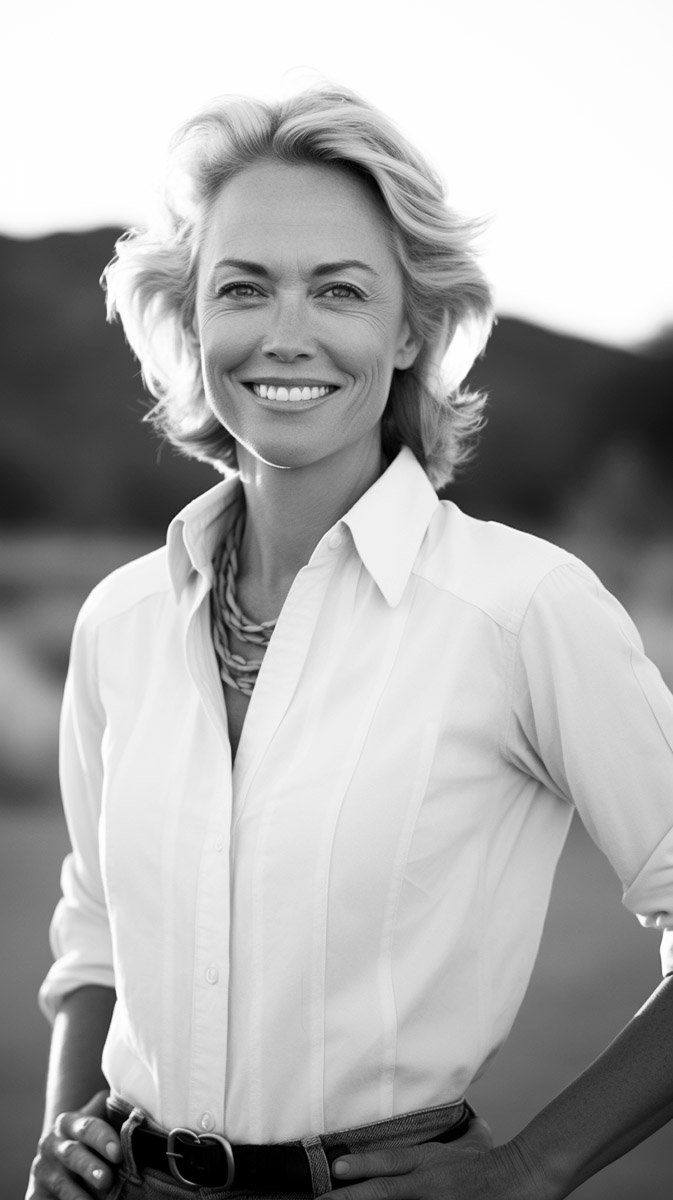  A purpose-driven executive woman wearing a white button down shirt. She’s smiling at the camera. 