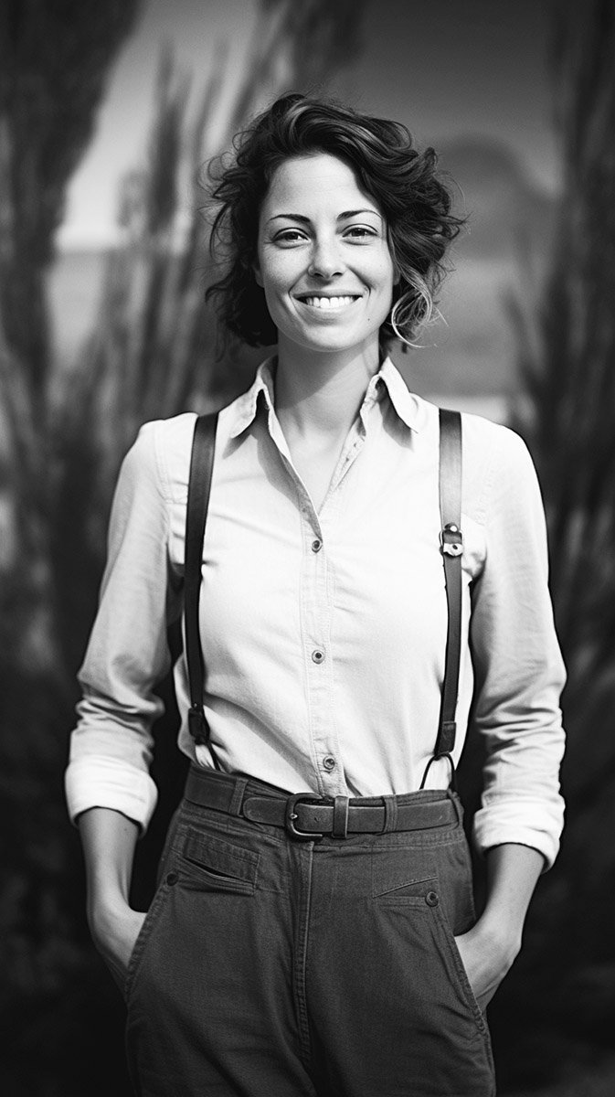  A purpose-driven executive woman wearing a white button down shirt, dark suspenders and slacks. She’s smiling at the camera. 