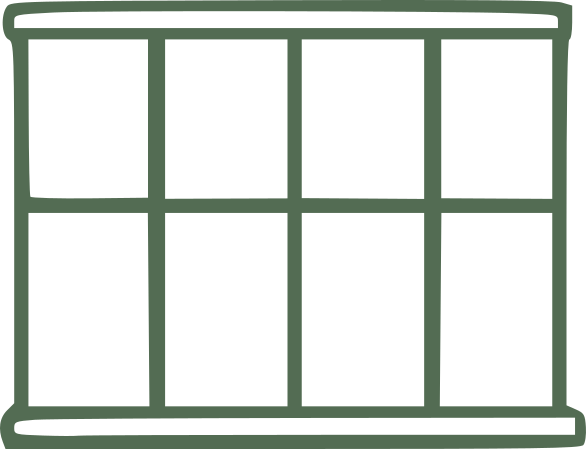Outline drawing of a window with six panes, three on top and three on bottom, separated by vertical and horizontal lines.