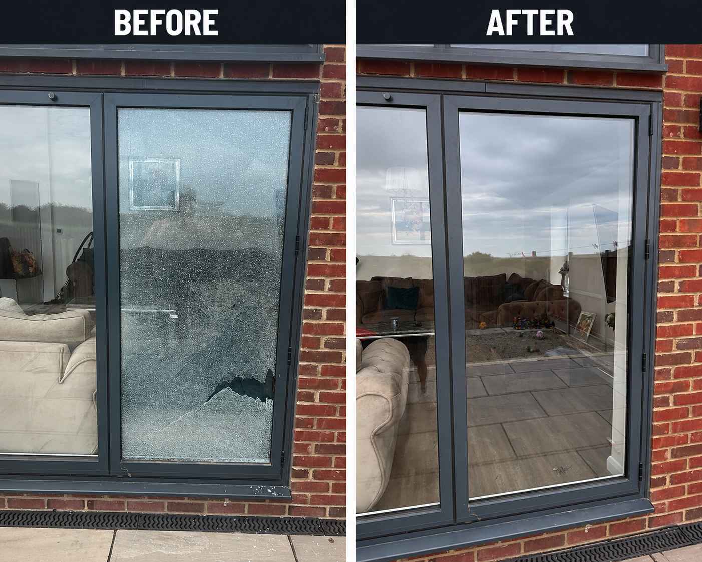 smashed glass replacement before and after