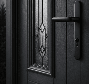 A black exterior door with a decorative glass panel and a black door handle.