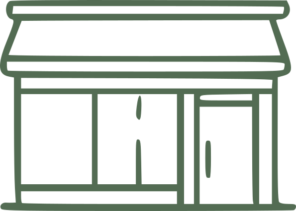 Line drawing of a storefront with large window and door, and an awning overhead.
