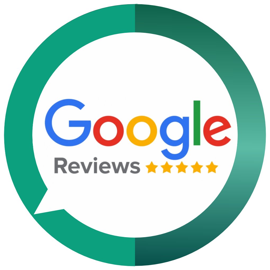 Google Reviews badge with five stars below the word "Reviews" inside a green circular design.