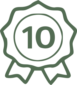A badge with the number 10 inside a circular design with a scalloped edge.